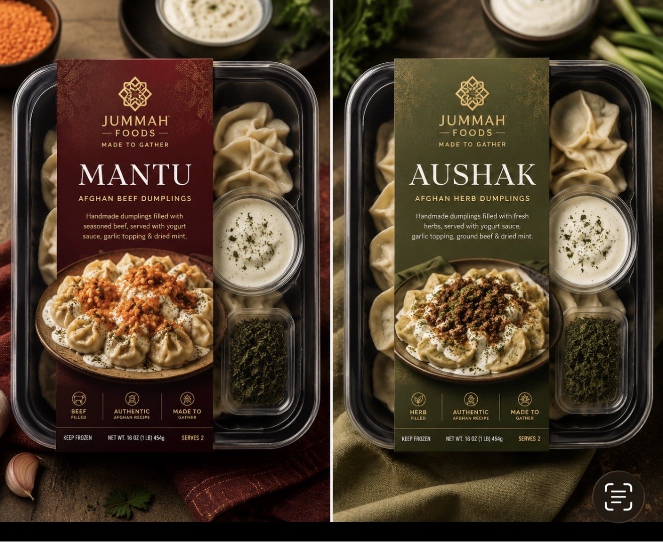 Jummah Foods Mantu and Aushak frozen meal trays